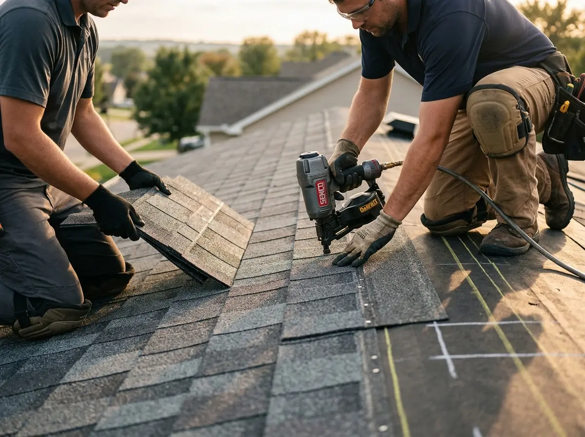 Professional roofer working on a residential roof in Marlboro Village